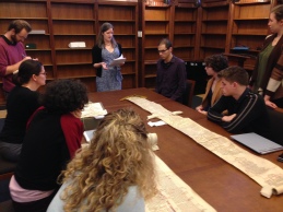 Katherine Hindley explains Geneological Rolls in the Beinecke Classroom